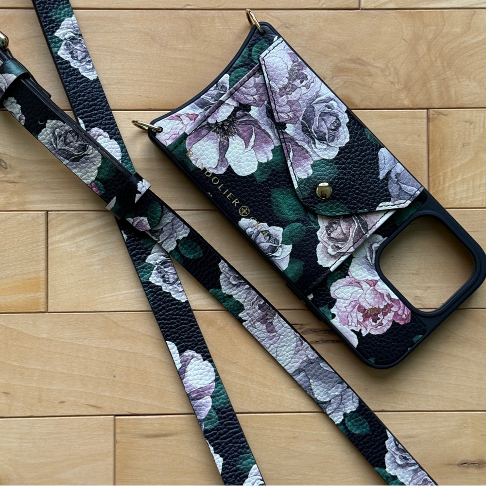 Bandolier crossbody wallet phone case for 14 ProMax. Ceci black/floral & gold.